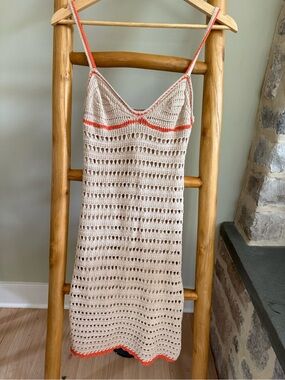 NWT Crochet Knit Slip Dress with Coral Trim